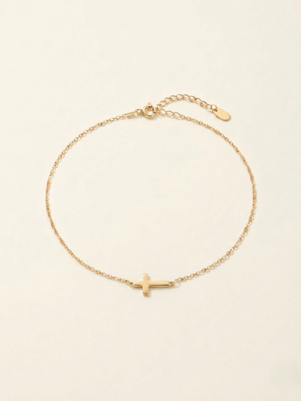14K Solid Gold Sideways Middle Cross Necklace